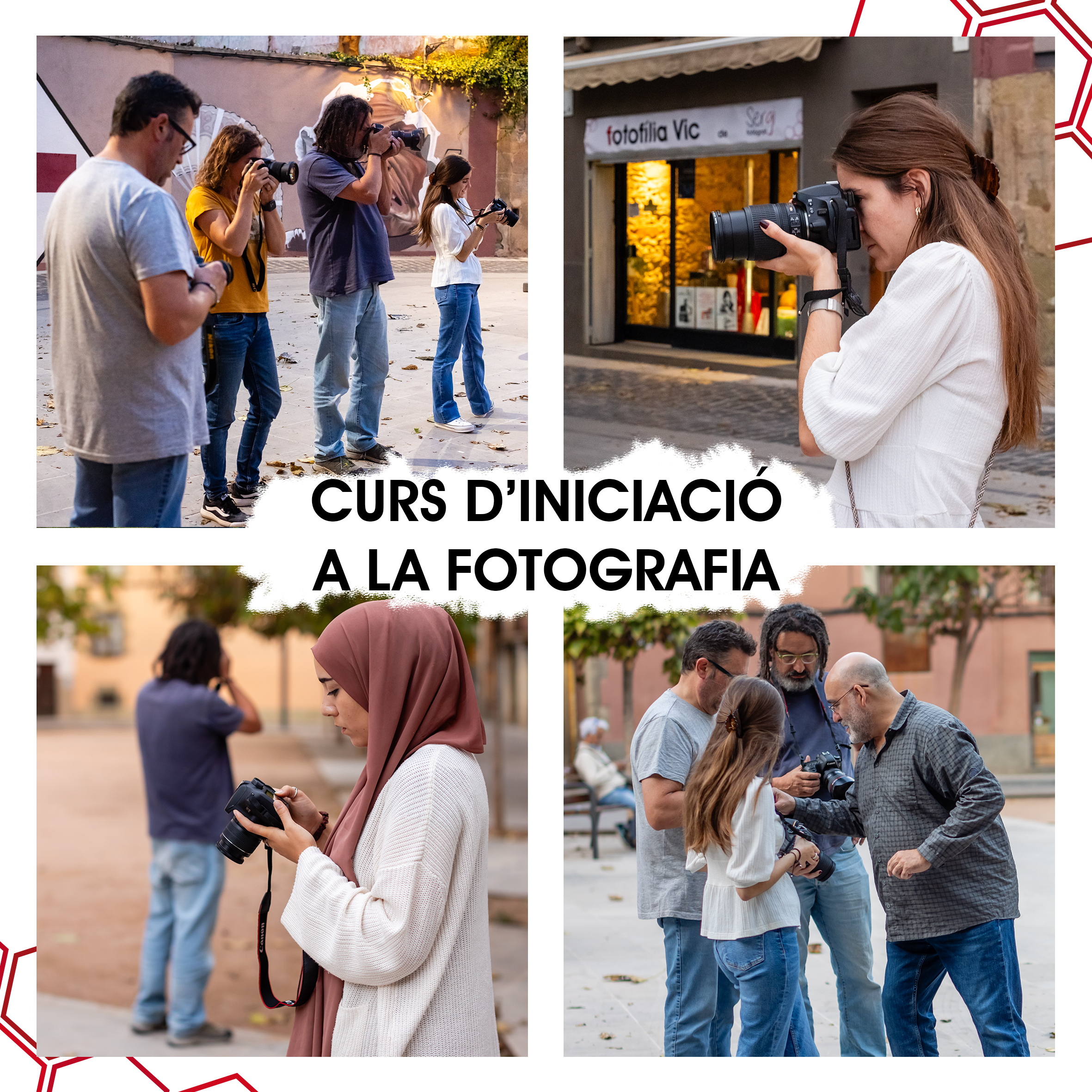 Alumnes de Fotofília Vic practicant fotografia en les seves primeres classes en els exteriors del nostre centre.